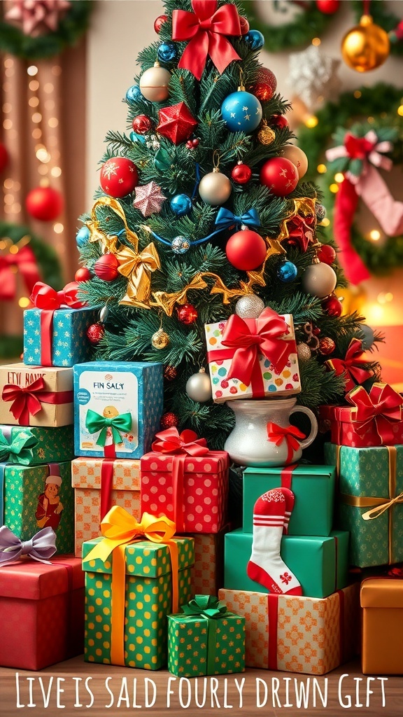 A festive Christmas scene with a decorated tree and colorful gift boxes.